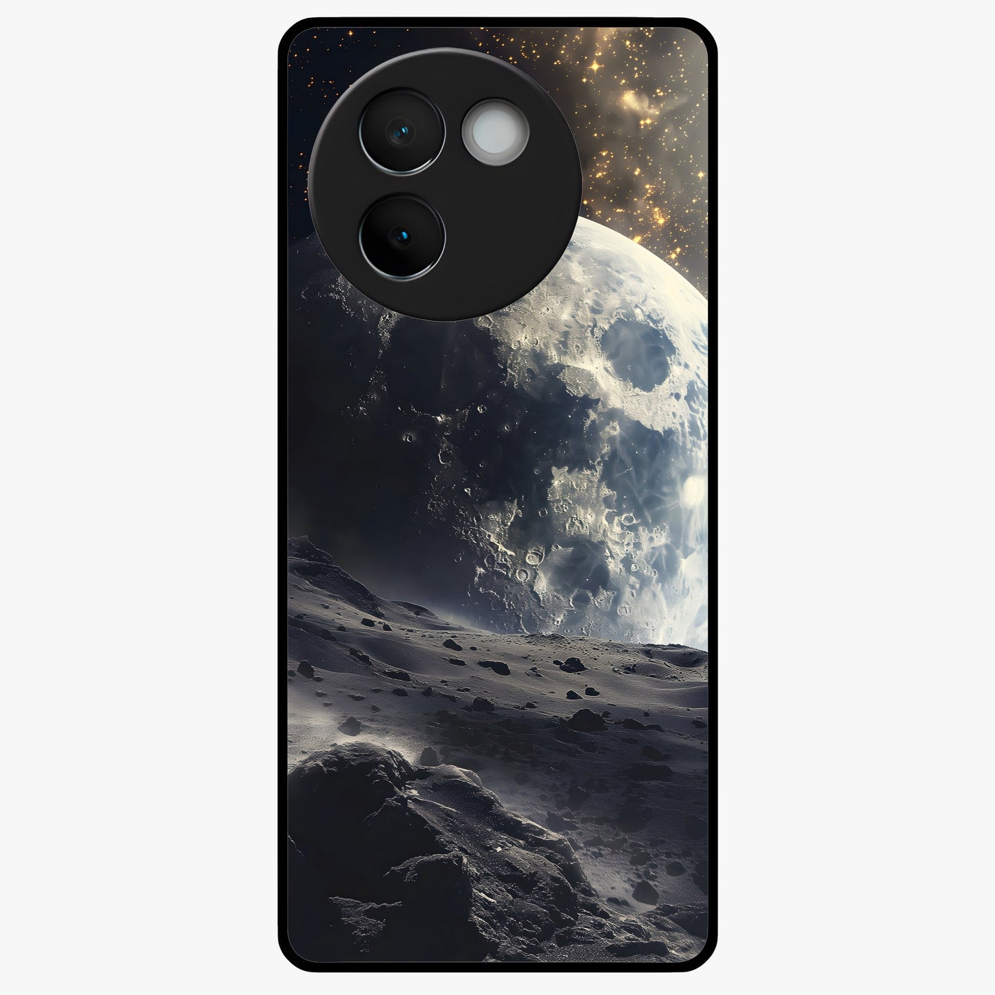 Lunar Horizon Glow Glass Case showing flat back view with glowing moon horizon artwork and glossy glass finish.
