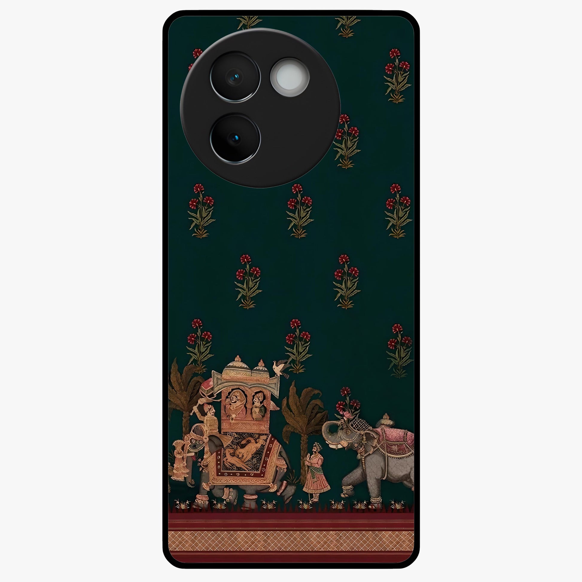 Macmerise Glass Case showing flat back view with stylish modern artwork and glossy glass finish.