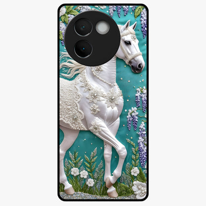 Majestic Floral Stallion Glass Case showing flat back view with powerful horse and floral artwork and glossy glass finish.