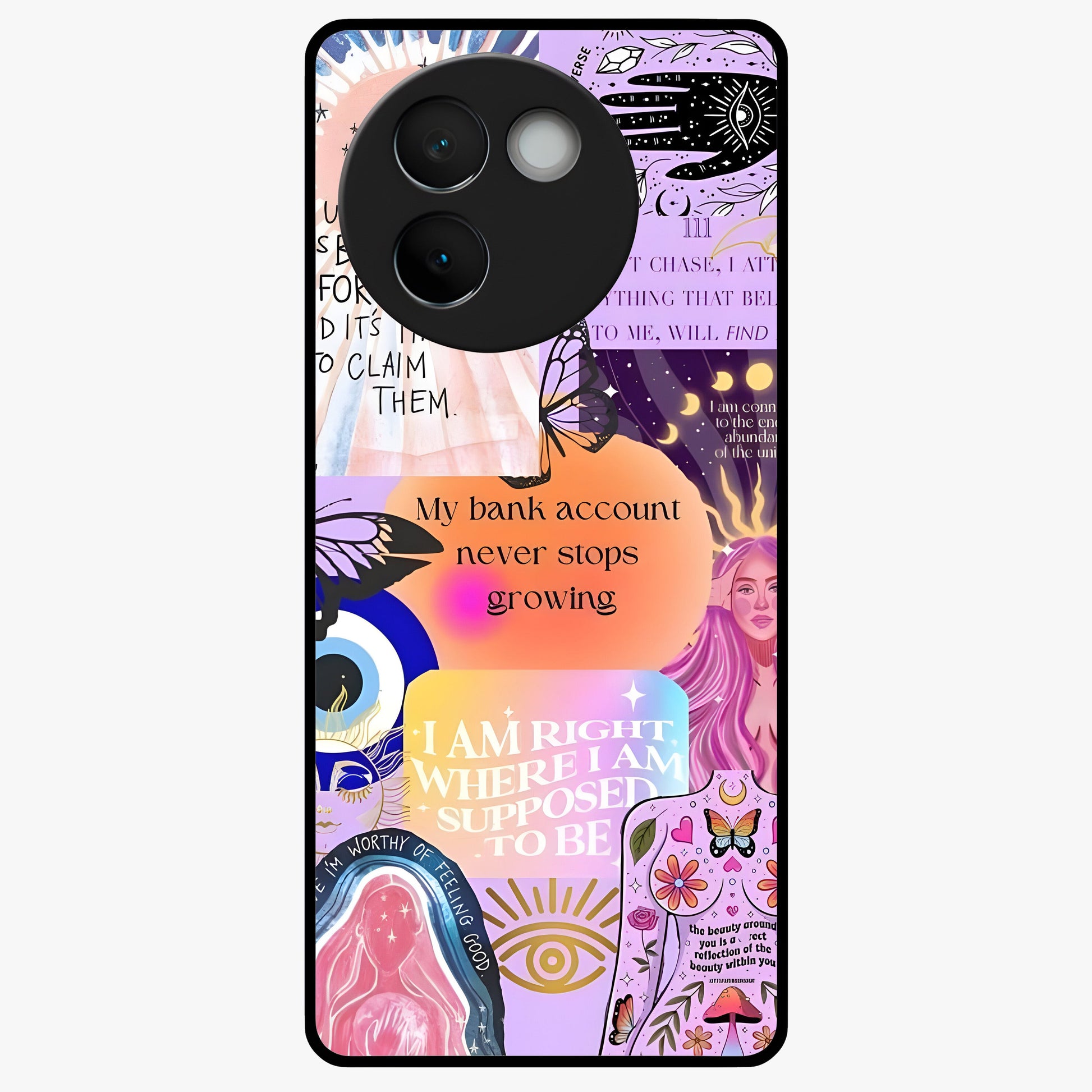 Manifestation Collage Glass Case showing flat back view with motivational collage artwork and glossy glass finish.