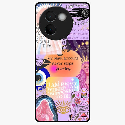 Manifestation Collage Glass Case showing flat back view with motivational collage artwork and glossy glass finish.