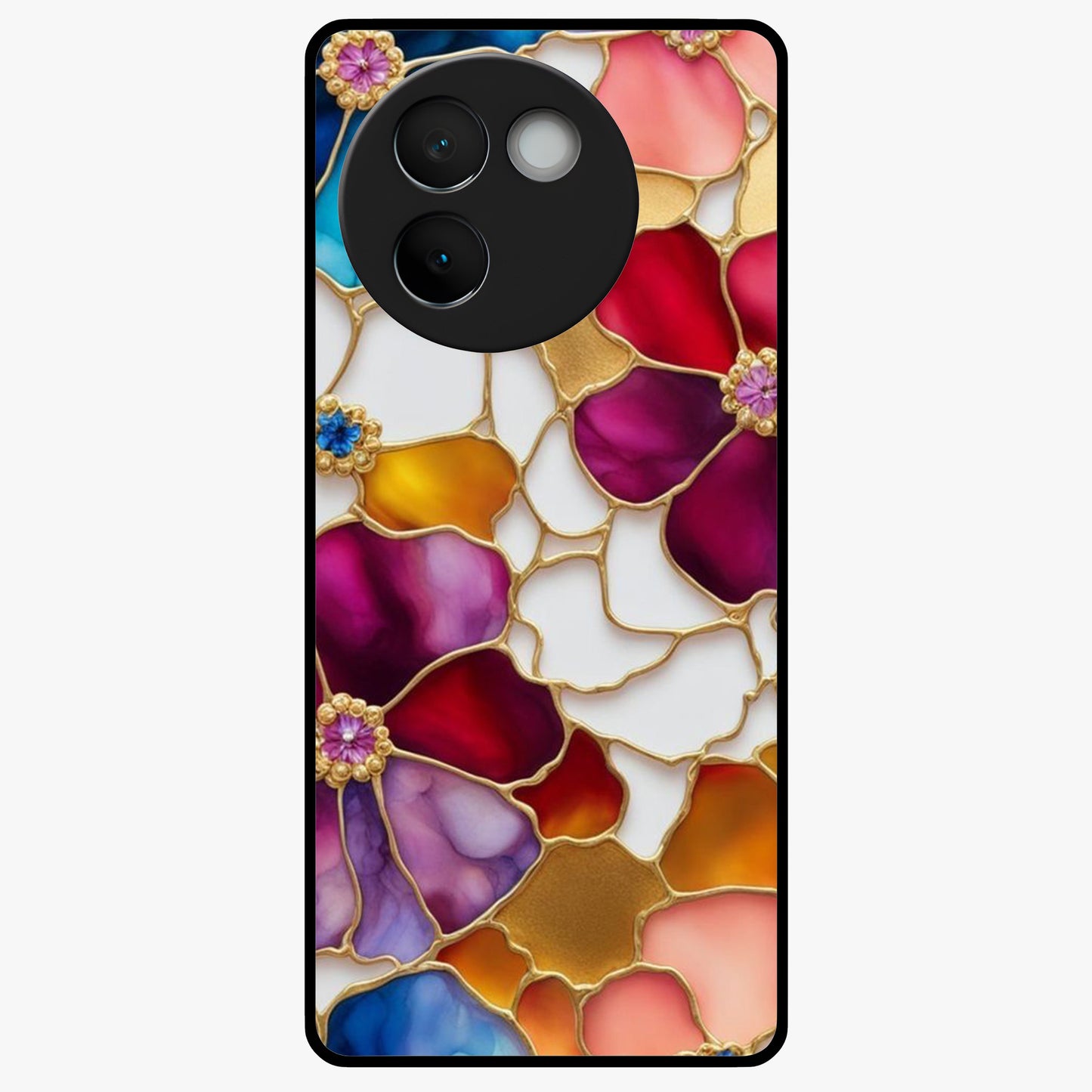 Marble Flower Pattern Glass Case showing flat back view with marble texture floral artwork and glossy glass finish.