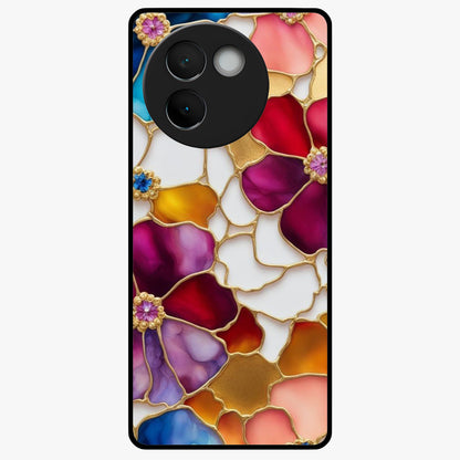 Marble Flower Pattern Glass Case showing flat back view with marble texture floral artwork and glossy glass finish.