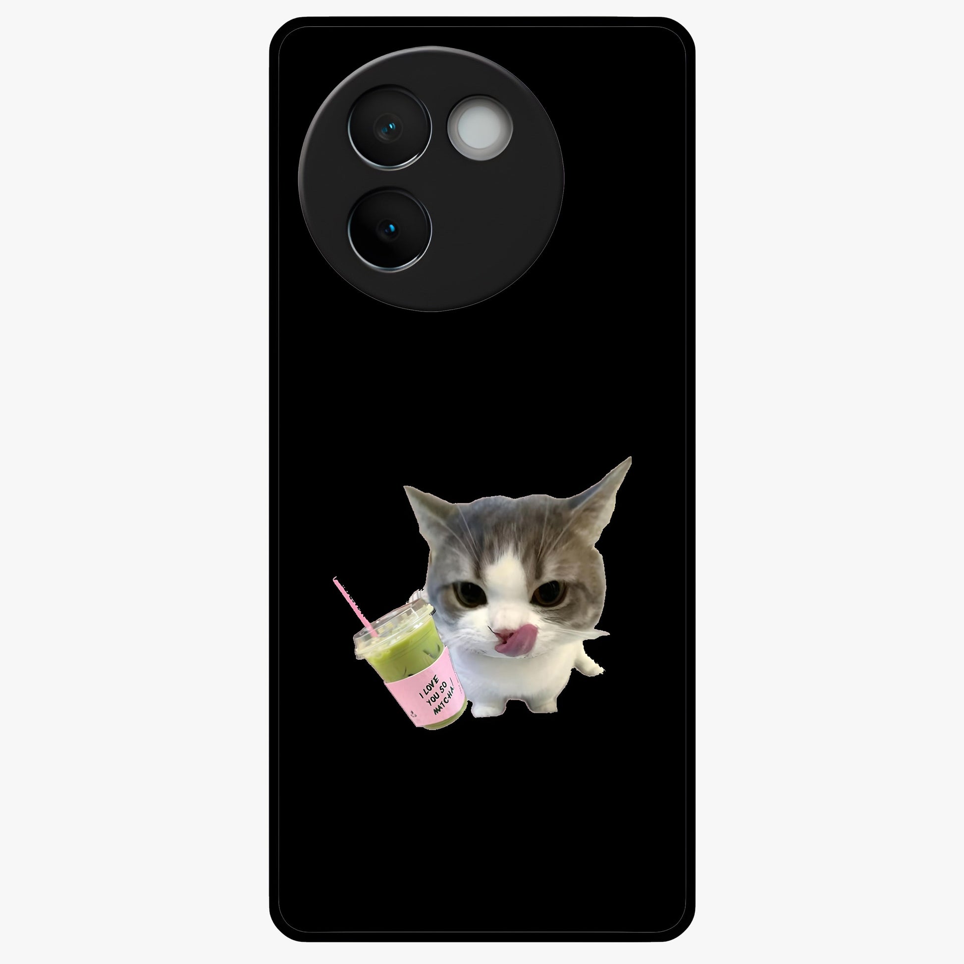 Matcha Cat Style Glass Case showing flat back view with cute matcha themed cat artwork and glossy glass finish.