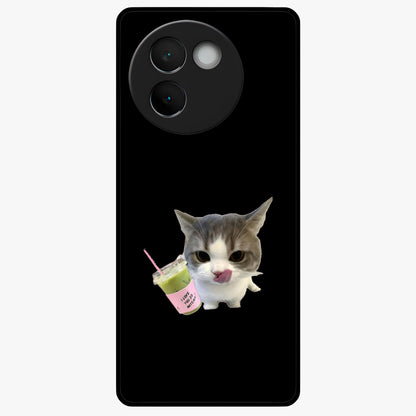 Matcha Cat Style Glass Case showing flat back view with cute matcha themed cat artwork and glossy glass finish.