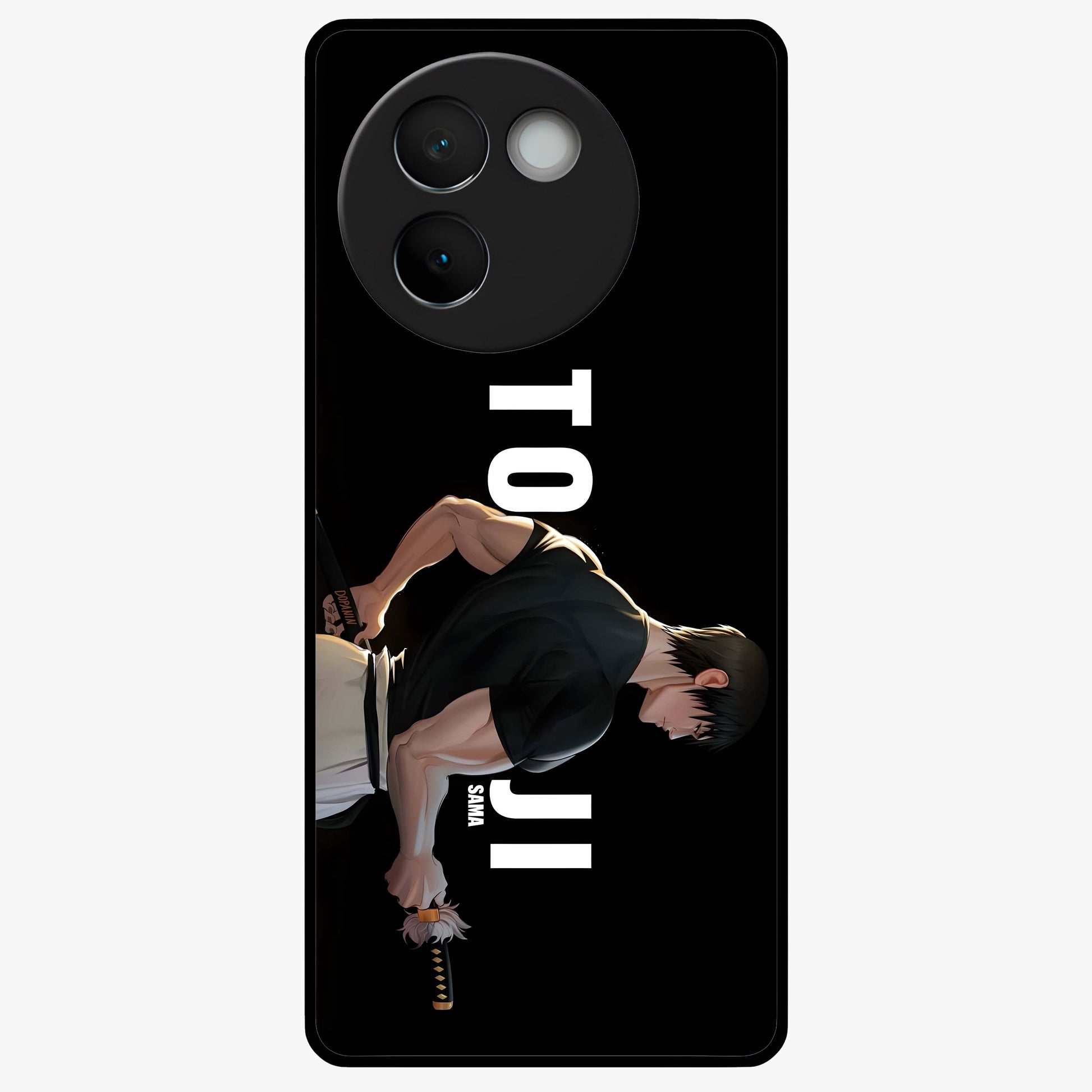 Midnight Blade Resolve Glass Case showing flat back view with dark warrior sword artwork and glossy glass finish.