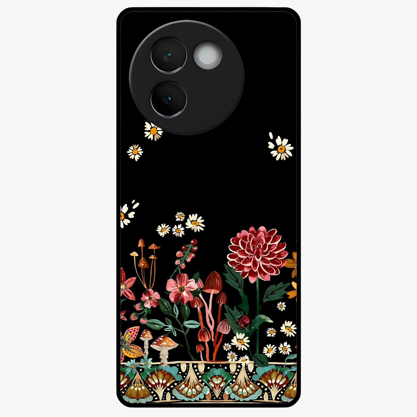 Midnight Bloom Pattern Glass Case showing flat back view with dark floral pattern artwork and glossy glass finish.