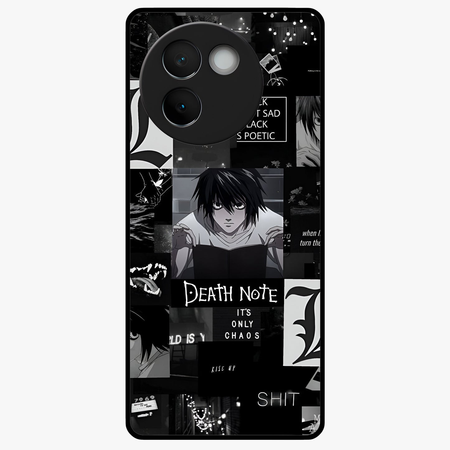 Midnight Chaos Mind Glass Case showing flat back view with abstract dark themed artwork and glossy glass finish.