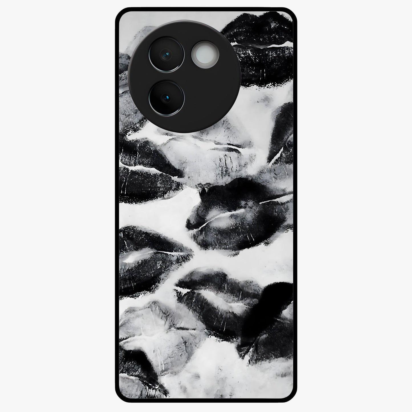Midnight Kiss Marks Glass Case showing flat back view with lipstick kiss mark artwork and glossy glass finish.