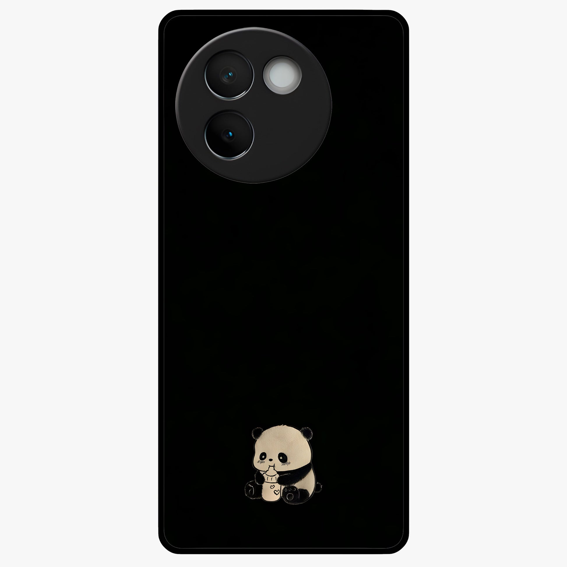 Midnight Panda Love Glass Case showing flat back view with cute panda themed artwork and glossy glass finish.