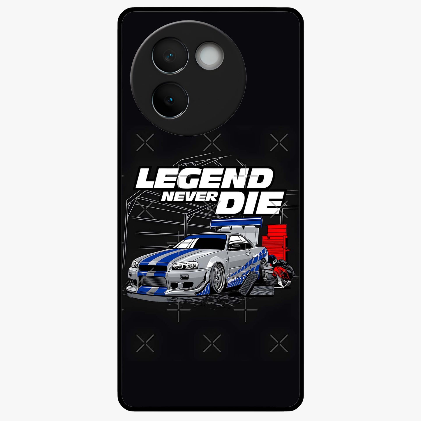 Midnight Racing Legacy Glass Case showing flat back view with sleek racing inspired artwork and glossy glass finish.