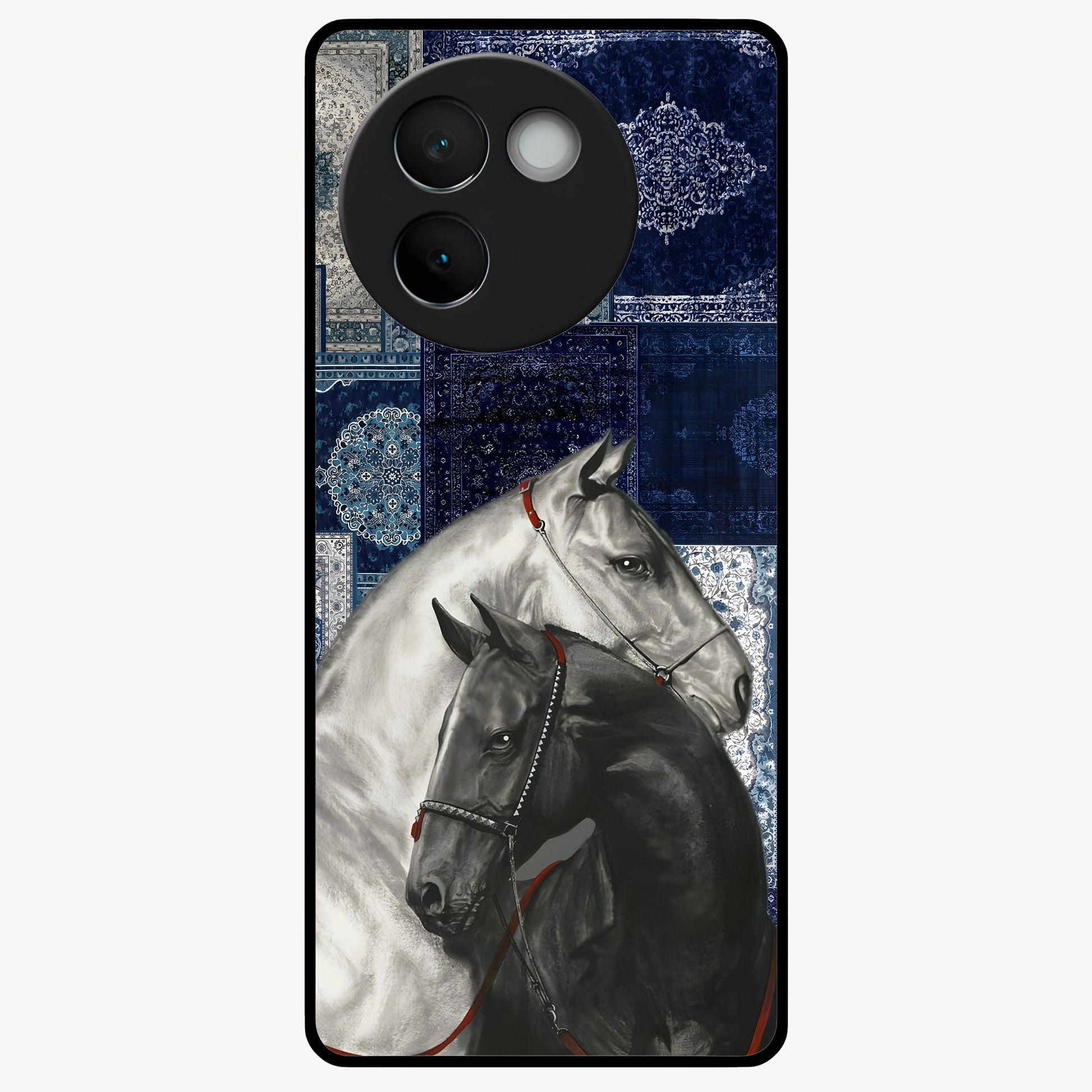 Midnight Stallion Blues Glass Case showing flat back view with majestic horse artwork and glossy glass finish.