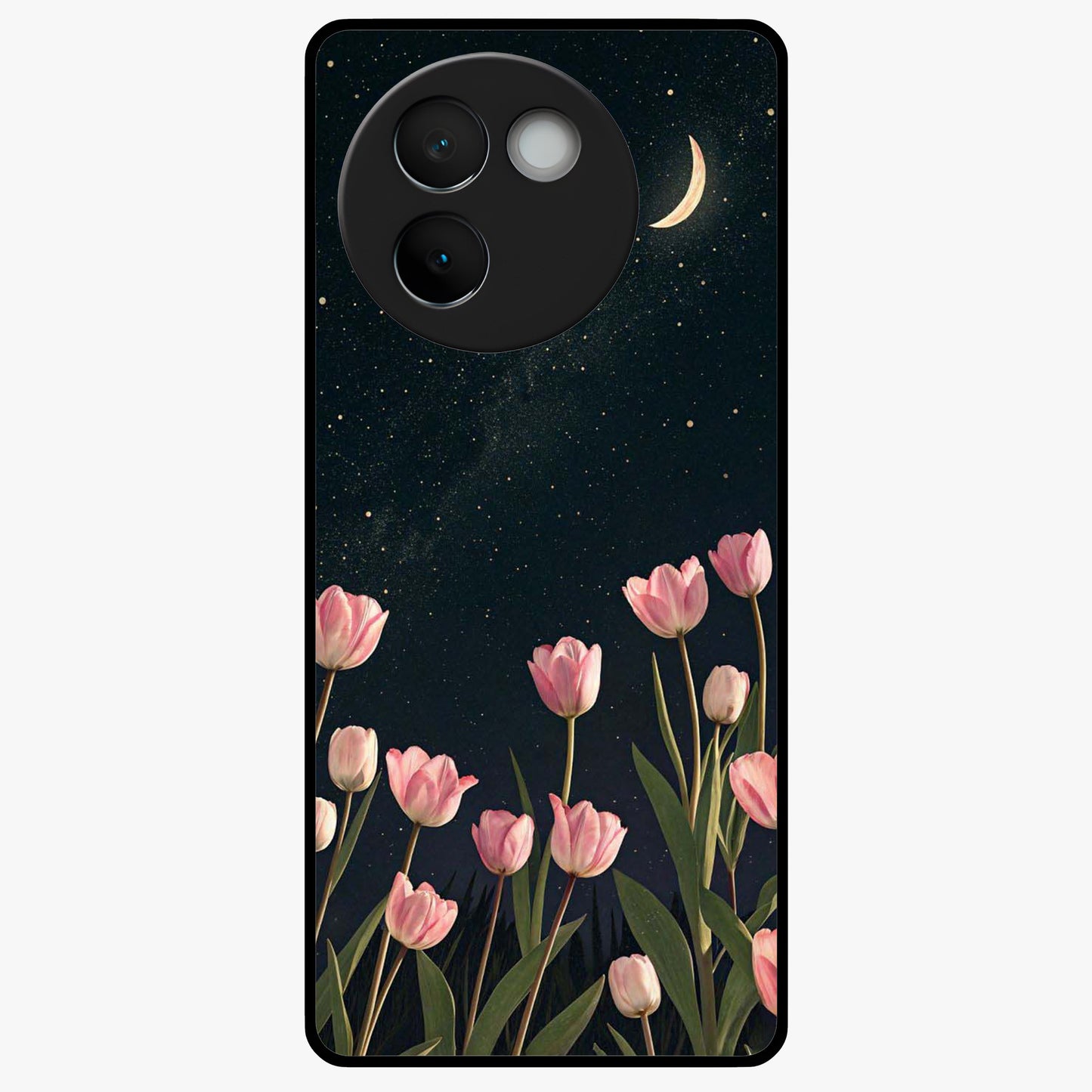 Midnight Tulip Whispers Vibe Glass Case showing flat back view with elegant tulip flower artwork and glossy glass finish.