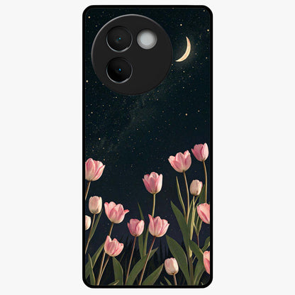 Midnight Tulip Whispers Vibe Glass Case showing flat back view with elegant tulip flower artwork and glossy glass finish.