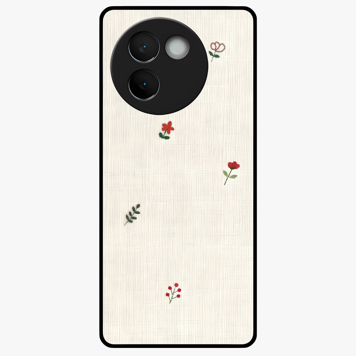 Minimal Petal Whispers Glass Case showing flat back view with soft minimal floral artwork and glossy glass finish.