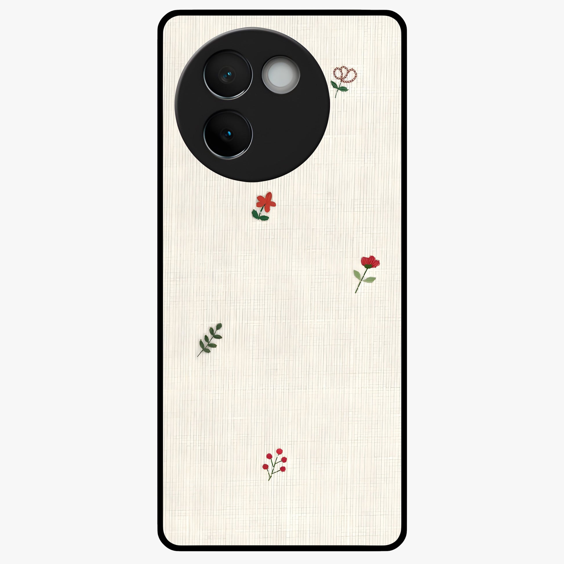 Minimal Petal Whispers Glass Case showing flat back view with soft minimal floral artwork and glossy glass finish.