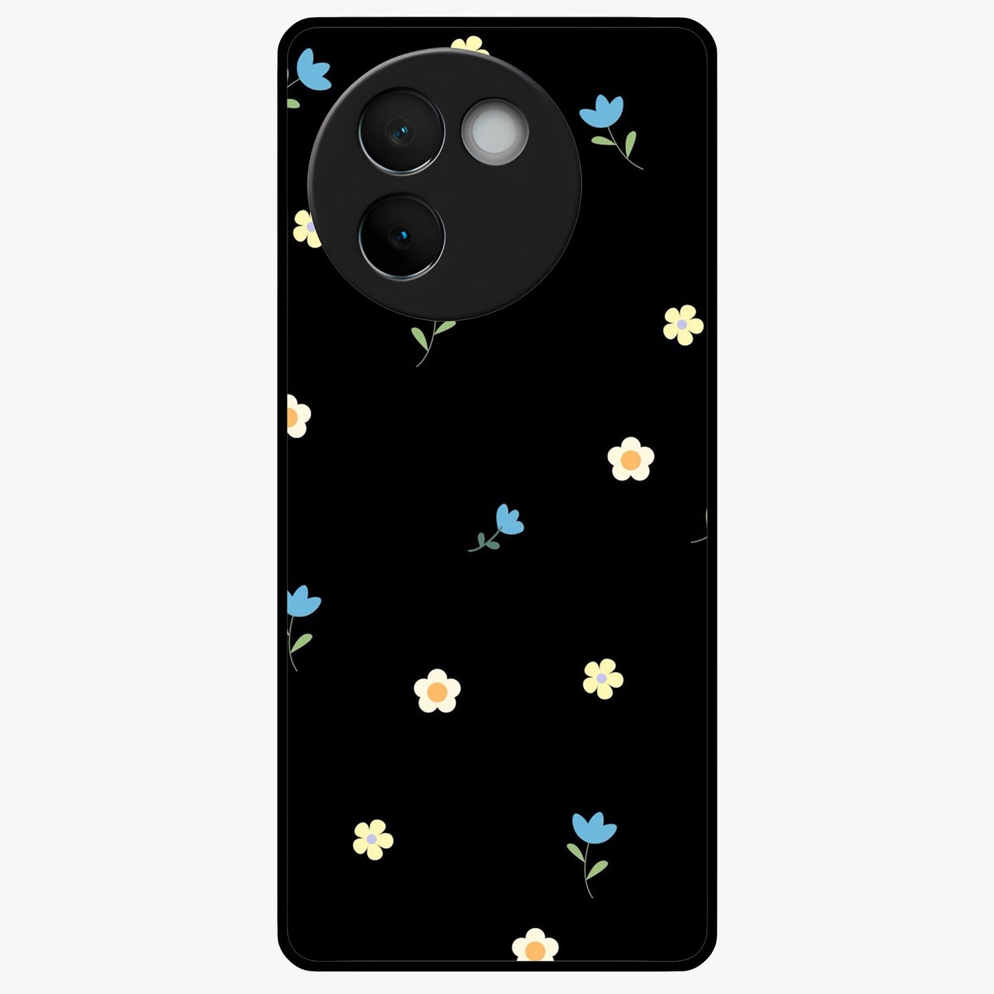 Minimalistic Blue With White Flower Pattern Glass Case showing flat back view with blue background and white flower pattern and glossy glass finish.
