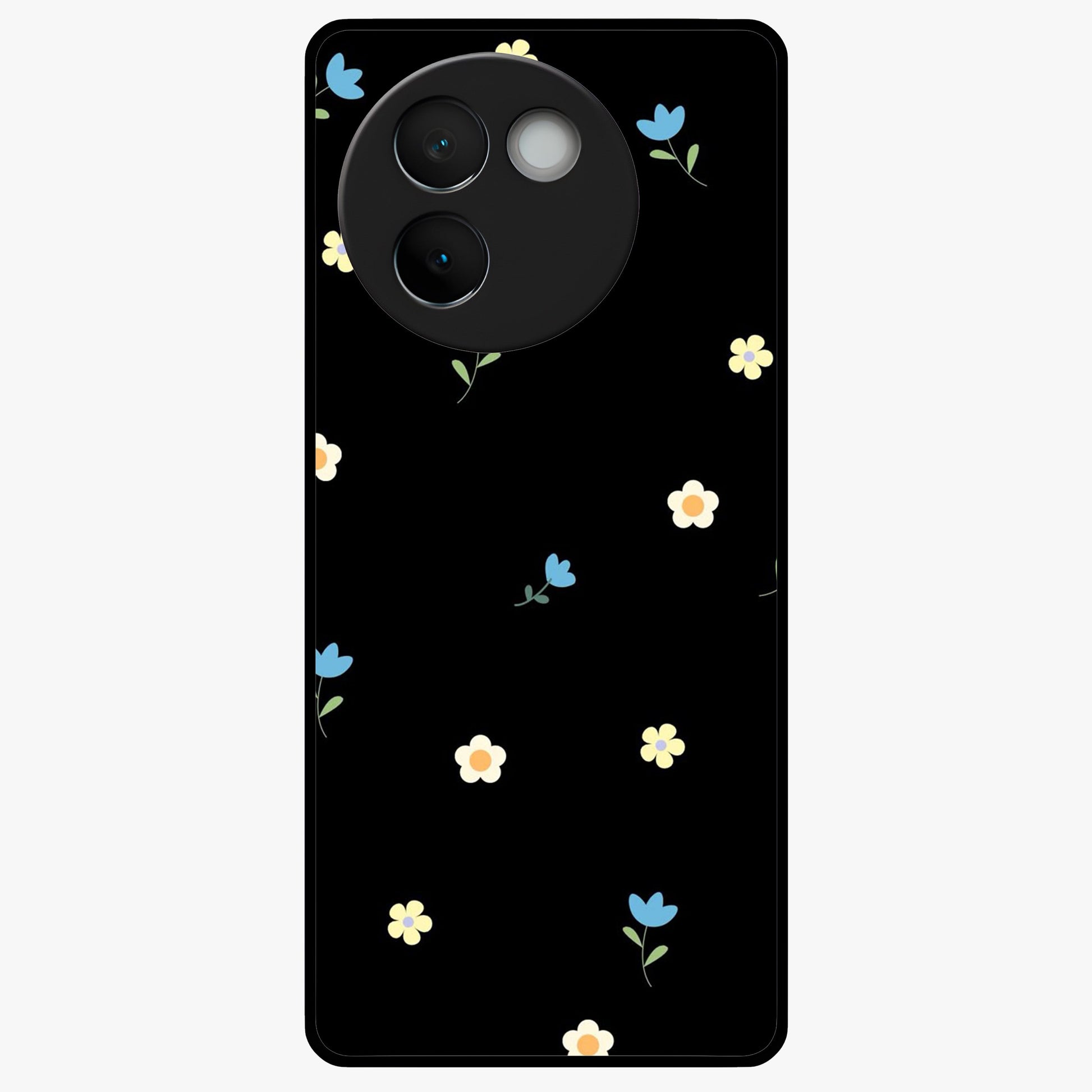Minimalistic Blue With White Flower Pattern Glass Case showing flat back view with blue background and white flower pattern and glossy glass finish.