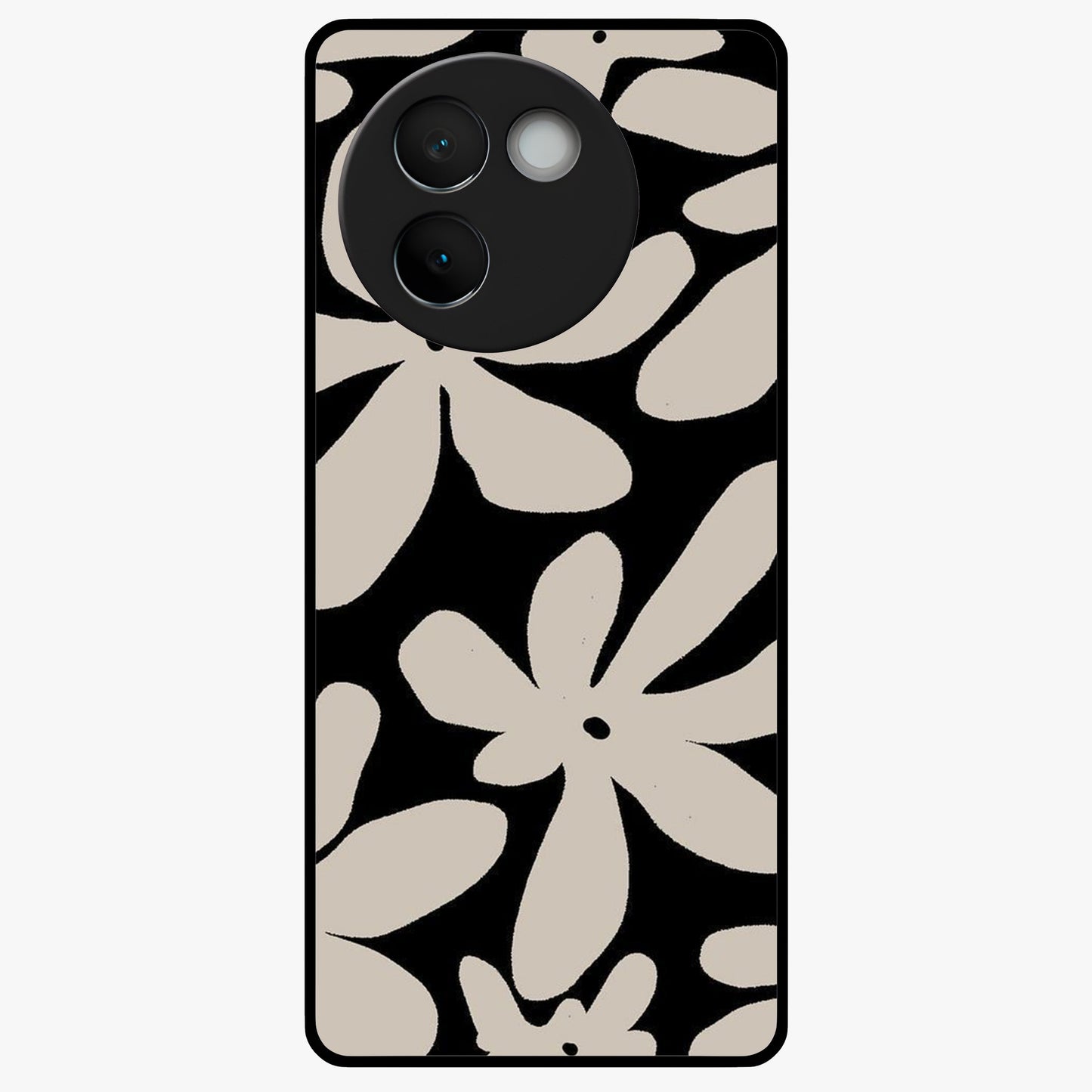 Monochrome Petal Dance Glass Case showing flat back view with monochrome floral artwork and glossy glass finish.