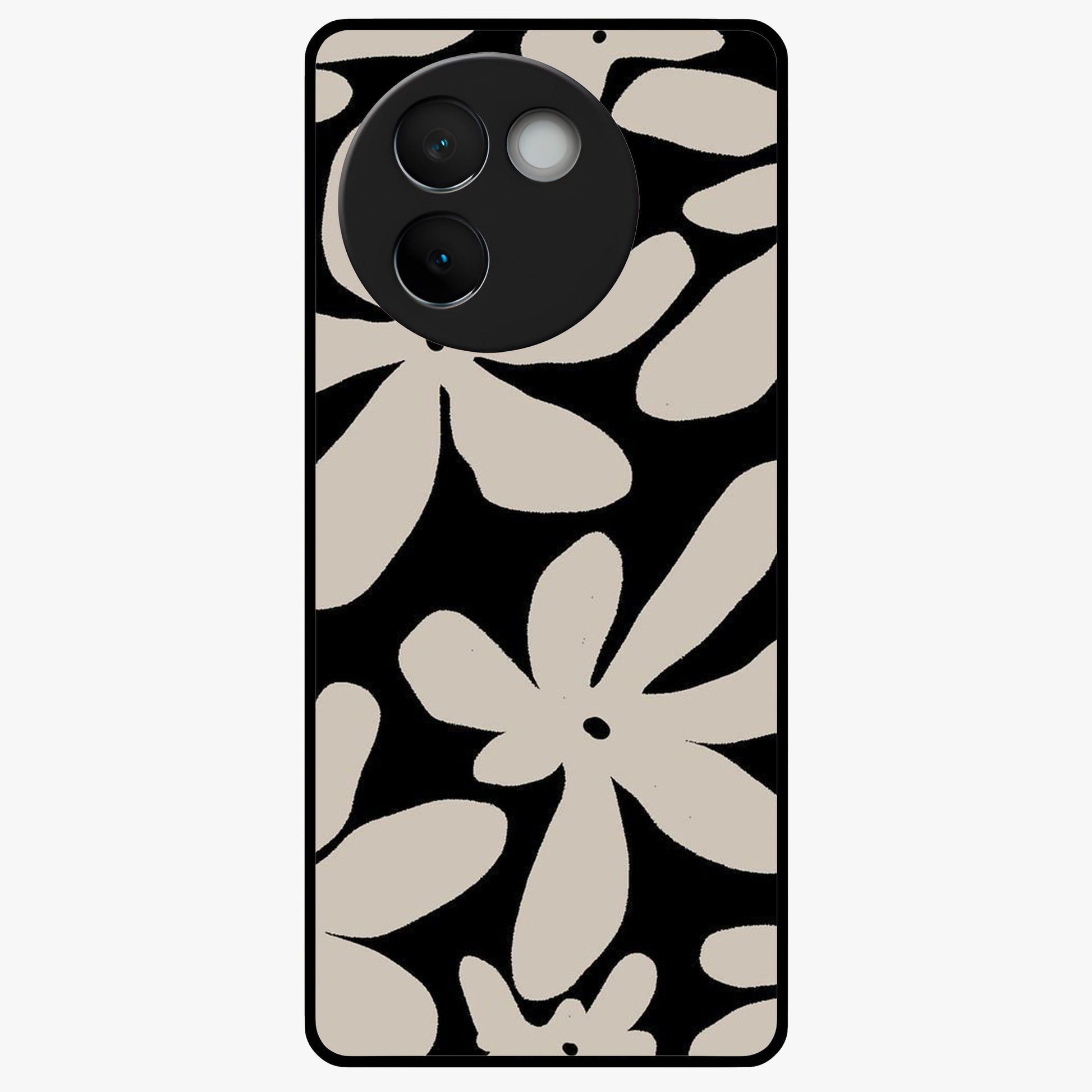 Monochrome Petal Dance Glass Case showing flat back view with monochrome floral artwork and glossy glass finish.