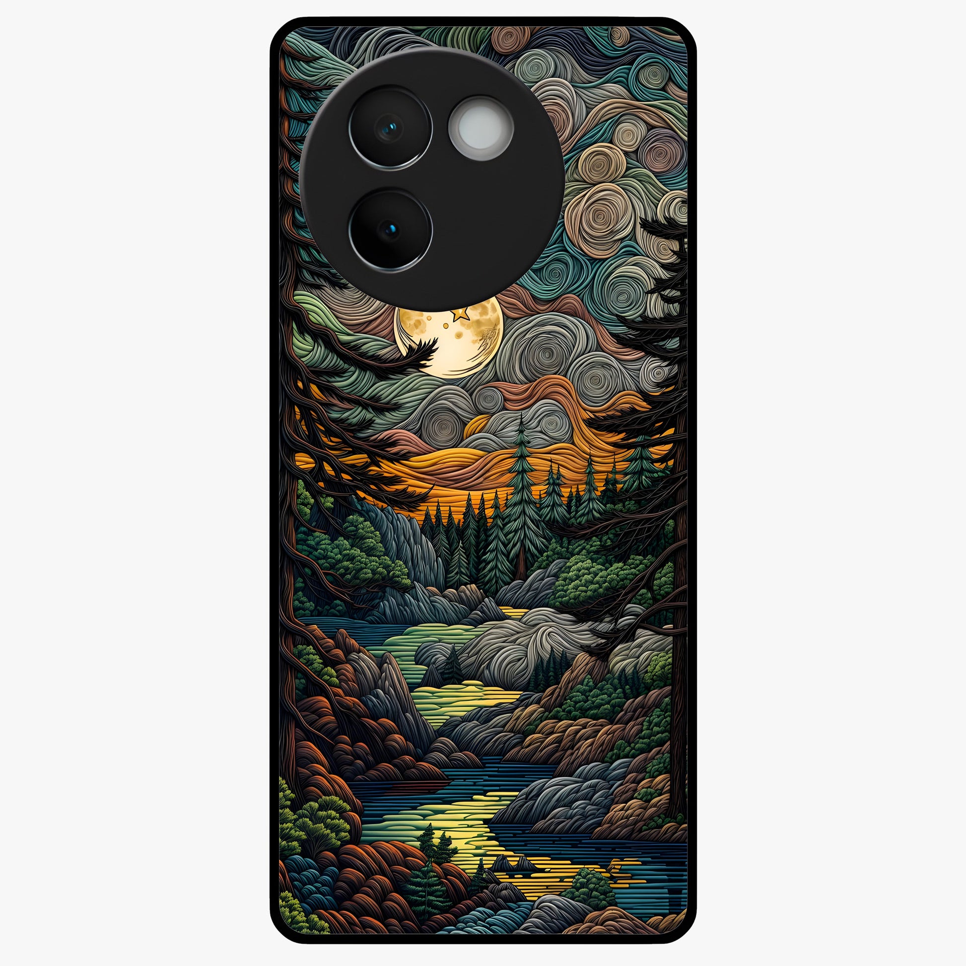 Moonlight Forest Dream Glass Case showing flat back view with mystical forest moonlight artwork and glossy glass finish.