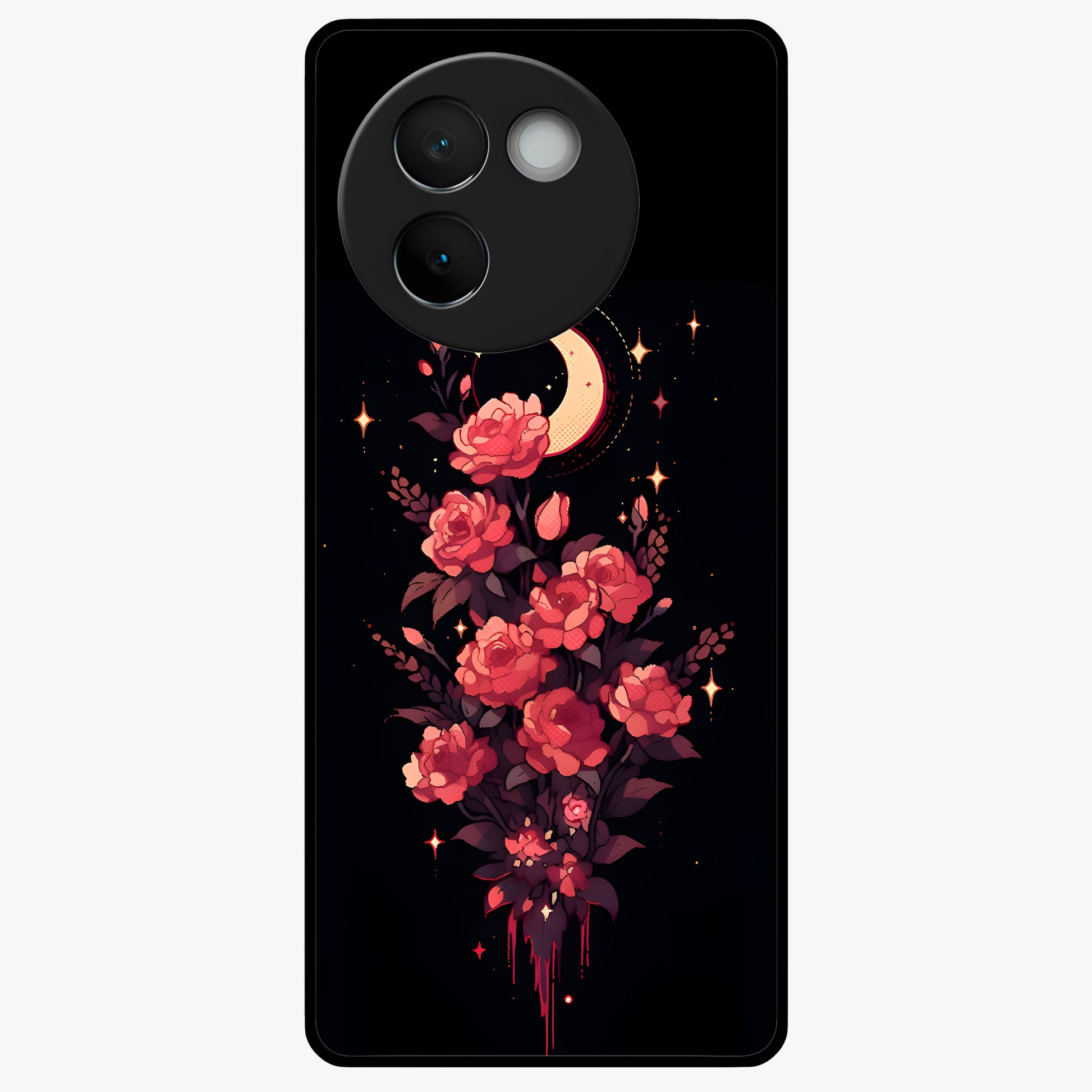 Moonlit Floral Elegance Glass Case showing flat back view with elegant floral artwork under moonlit tones and glossy glass finish.