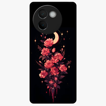 Moonlit Floral Elegance Glass Case showing flat back view with elegant floral artwork under moonlit tones and glossy glass finish.