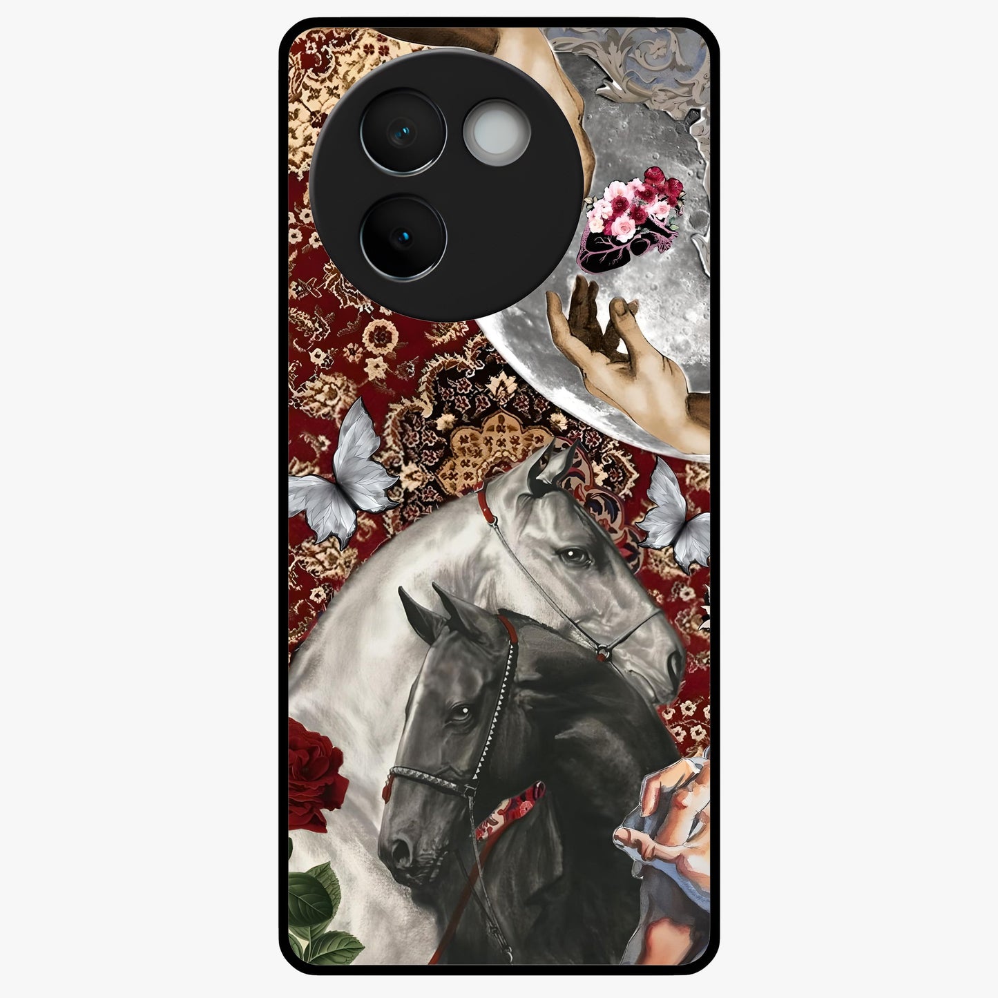 Moonlit Royal Stallion Glass Case showing flat back view with majestic horse under moonlight artwork and glossy glass finish.
