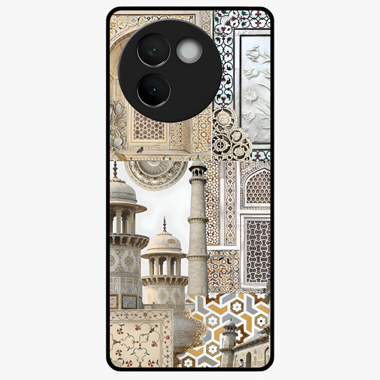 Mughal Marble Legacy Glass Case showing flat back view with intricate Mughal inspired marble pattern and glossy glass finish.