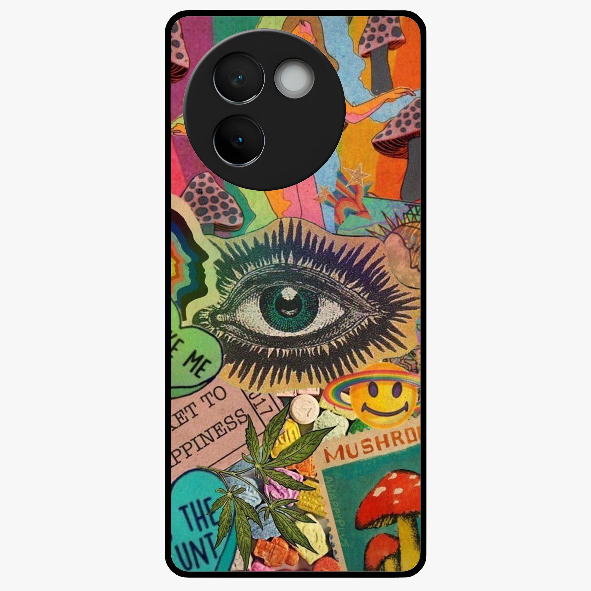 Mystic Eye Wonderland Glass Case showing flat back view with mystical eye themed artwork and glossy glass finish.