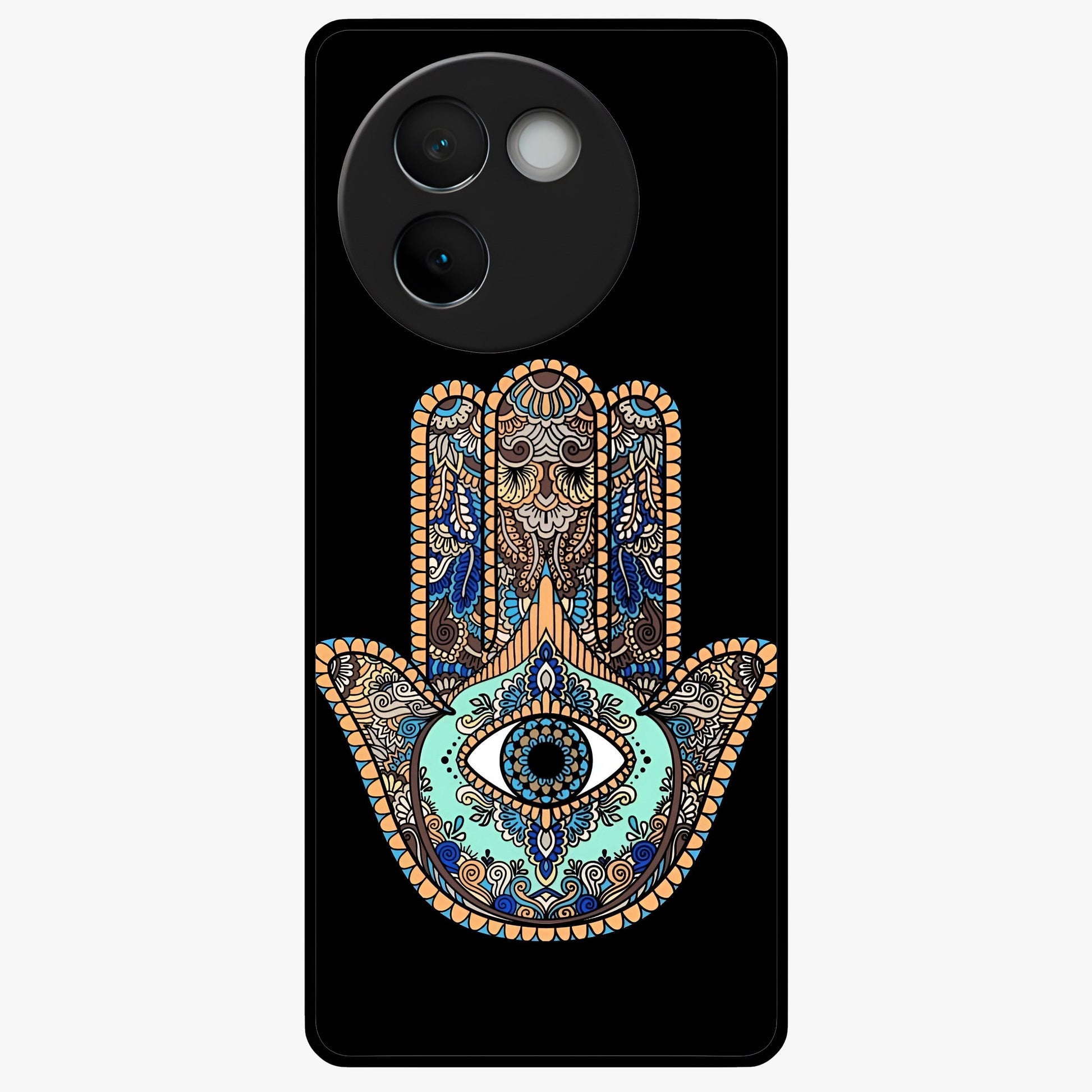 Mystic Hamsa Eye Glass Case showing flat back view with protective hamsa hand and evil eye artwork and glossy glass finish.