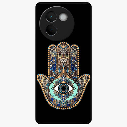 Mystic Hamsa Eye Glass Case showing flat back view with protective hamsa hand and evil eye artwork and glossy glass finish.