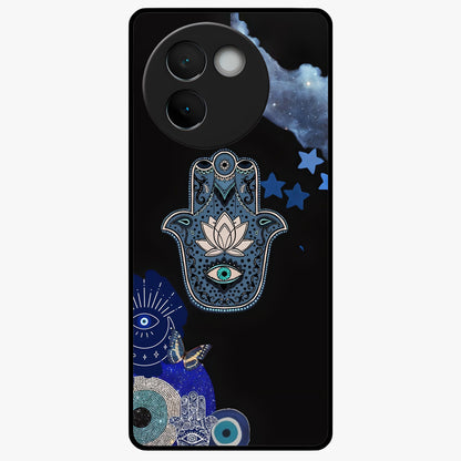 Mystic Hand Aura Glass Case showing flat back view with mystical hand symbol artwork and glossy glass finish.