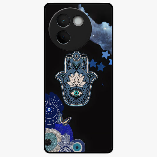 Mystic Hand Aura Glass Case showing flat back view with mystical hand symbol artwork and glossy glass finish.