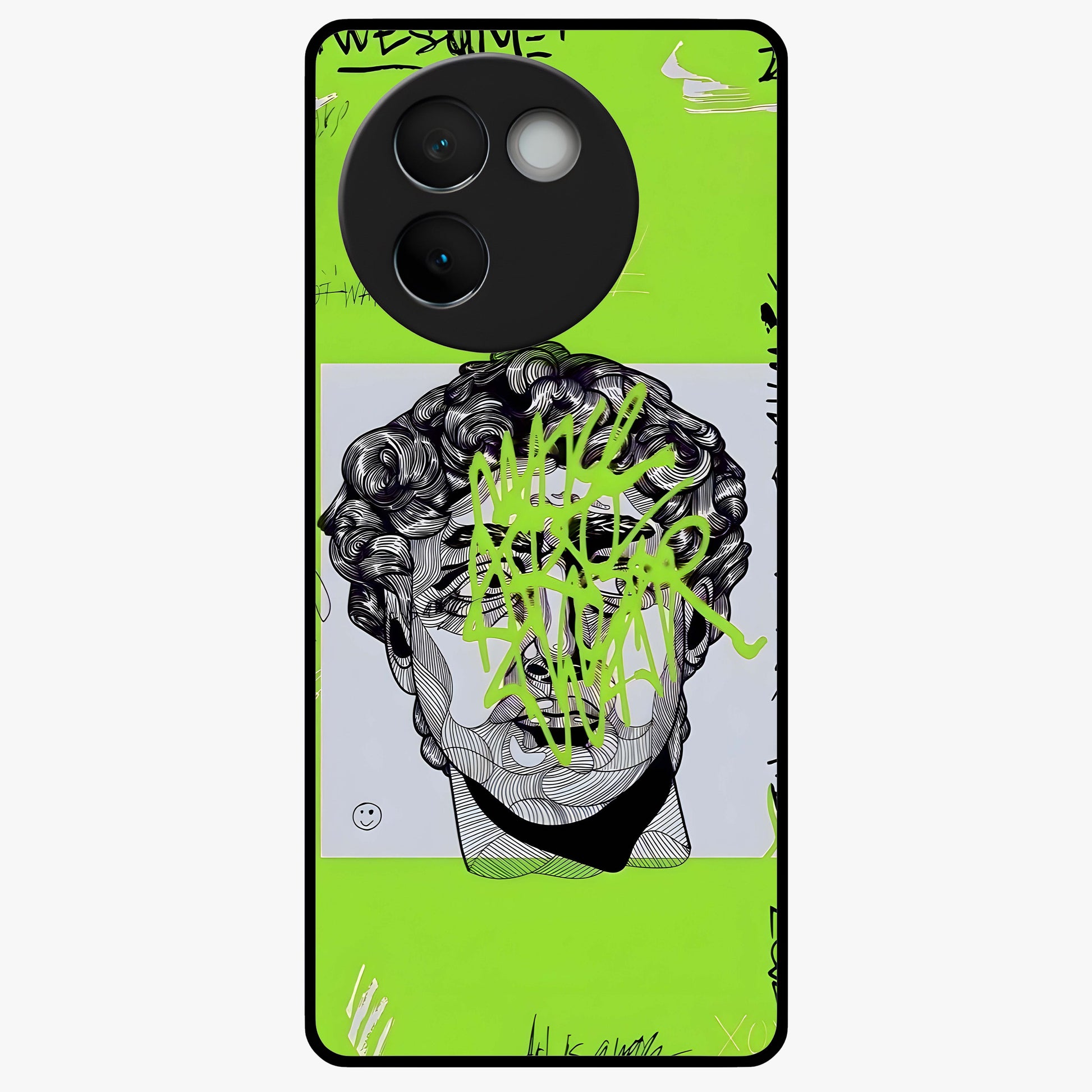 Neo Graffiti Rebellion Glass Case showing flat back view with vibrant graffiti artwork and glossy glass finish.