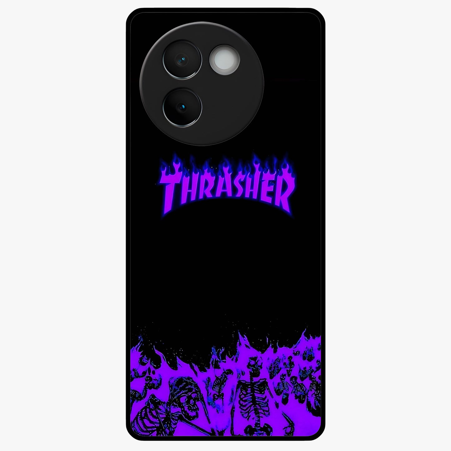 Neon Flame Riot Glass Case showing flat back view with neon flame artwork and glossy glass finish.