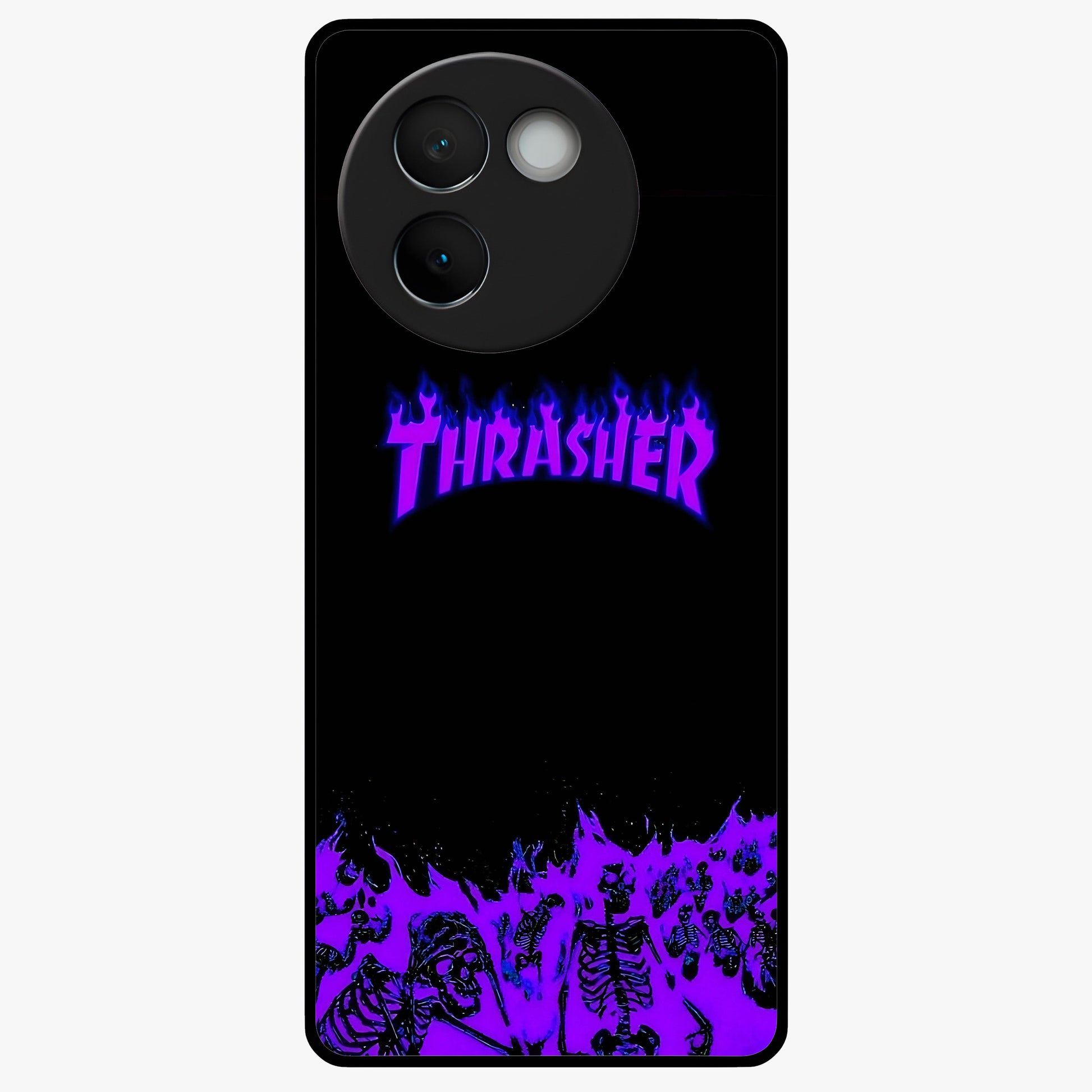 Neon Flame Riot Glass Case showing flat back view with neon flame artwork and glossy glass finish.