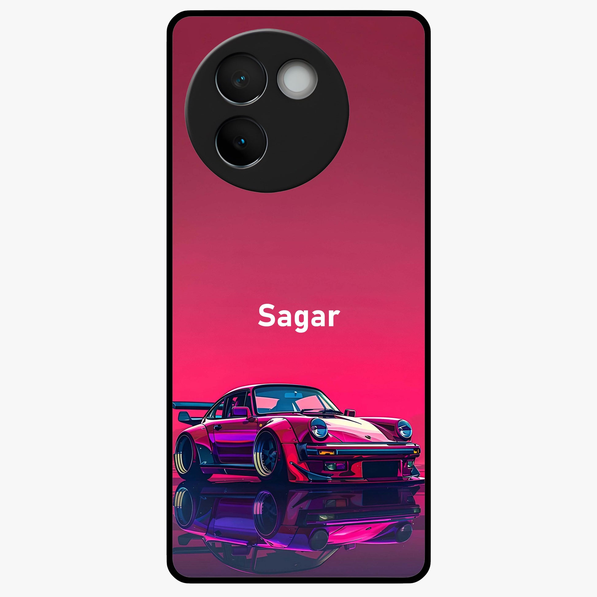 Neon Pink Porsche Glass Case showing flat back view with stylish sports car artwork and glossy glass finish.