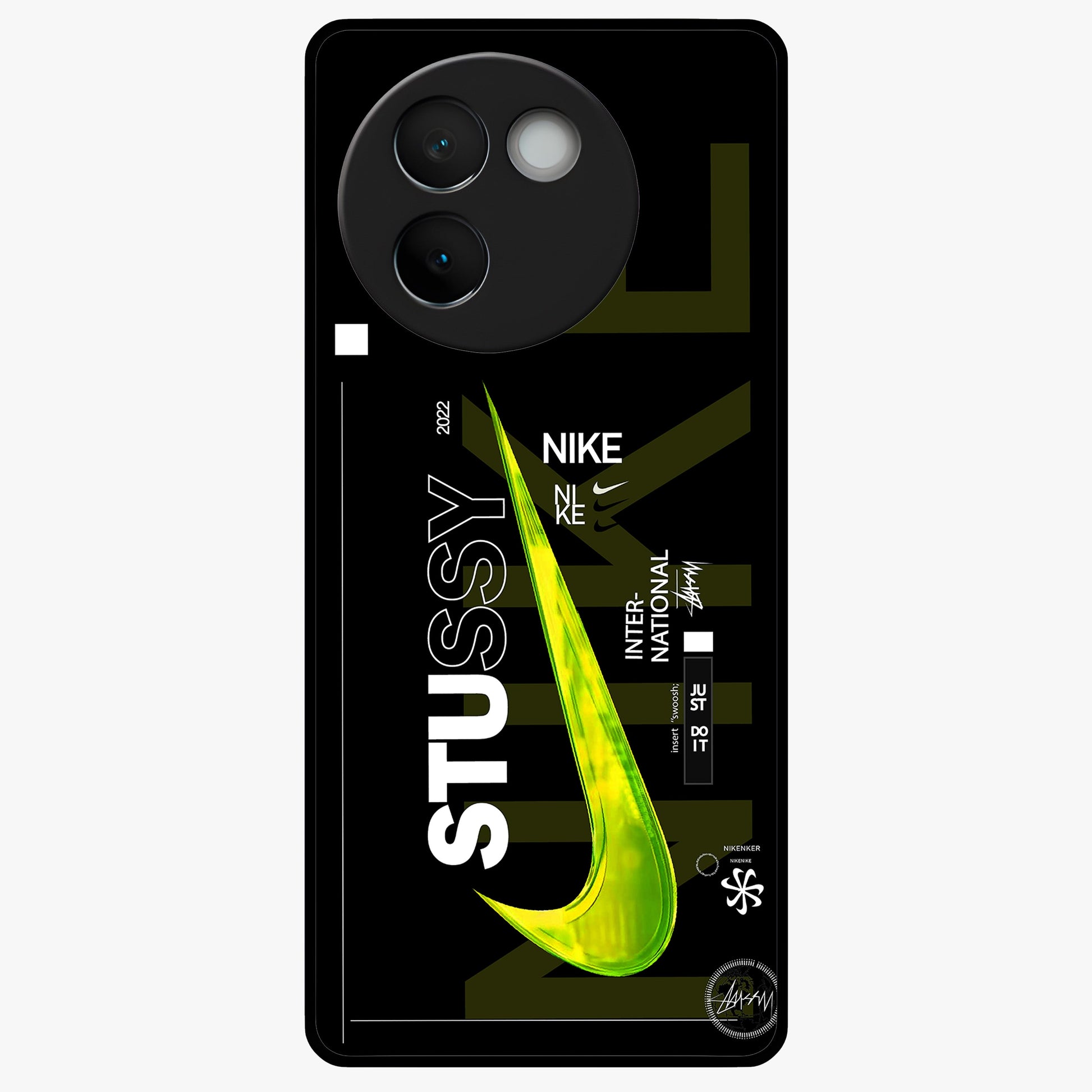 Neon Street Edition Glass Case showing flat back view with neon street style artwork and glossy glass finish.