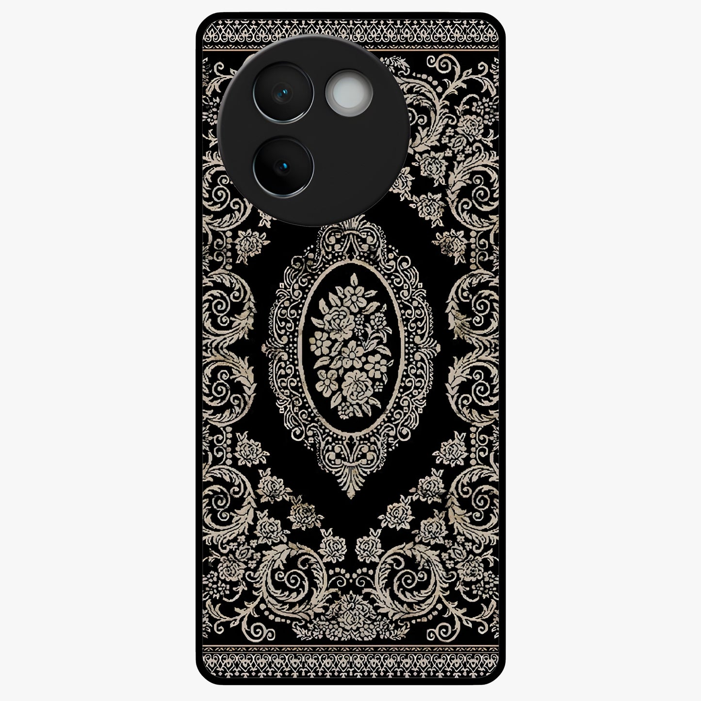 Noir Bloom Elegance Glass Case showing flat back view with elegant dark floral artwork and glossy glass finish.