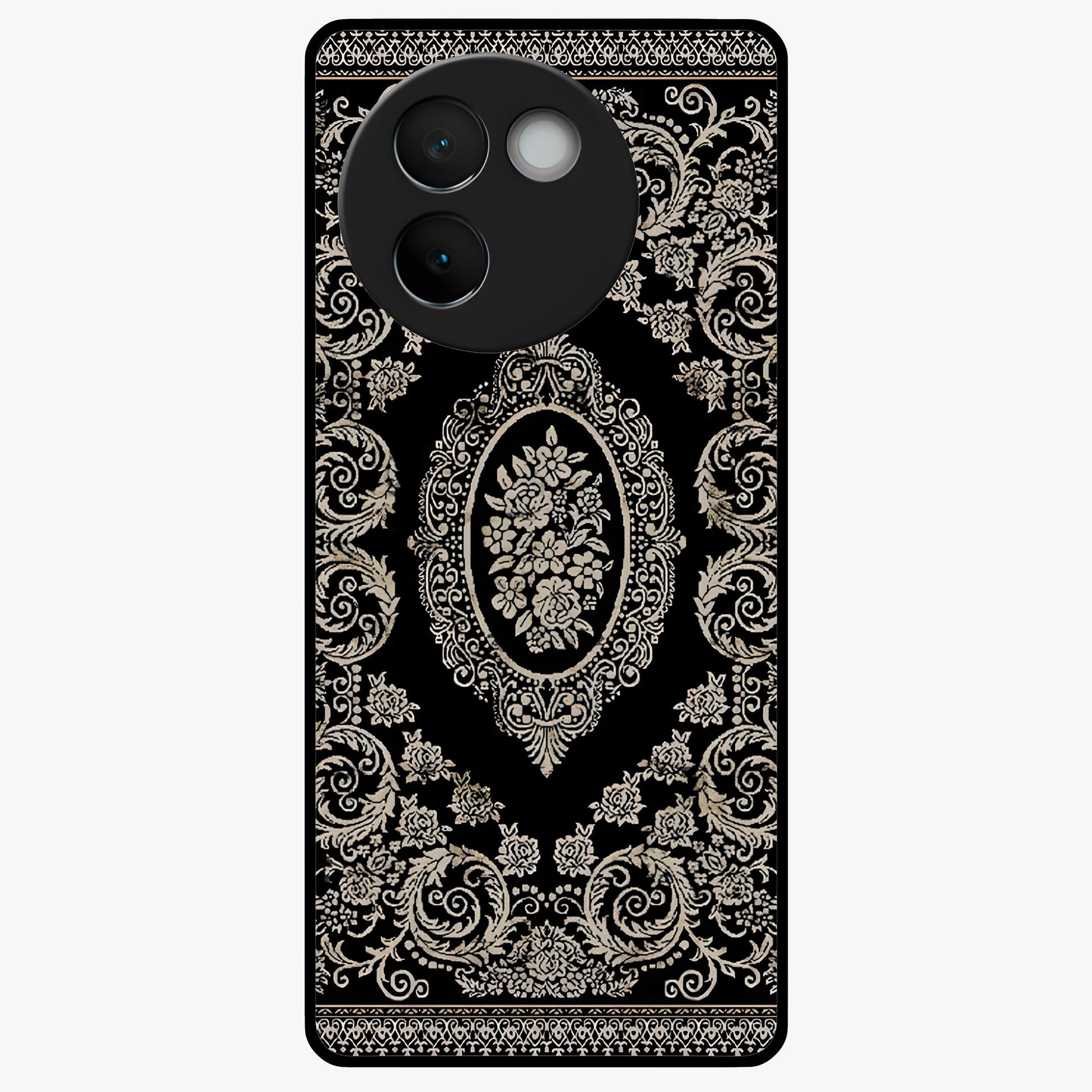 Noir Bloom Elegance Glass Case showing flat back view with elegant dark floral artwork and glossy glass finish.