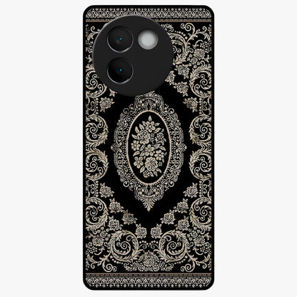 Noir Bloom Elegance Glass Case showing flat back view with elegant dark floral artwork and glossy glass finish.