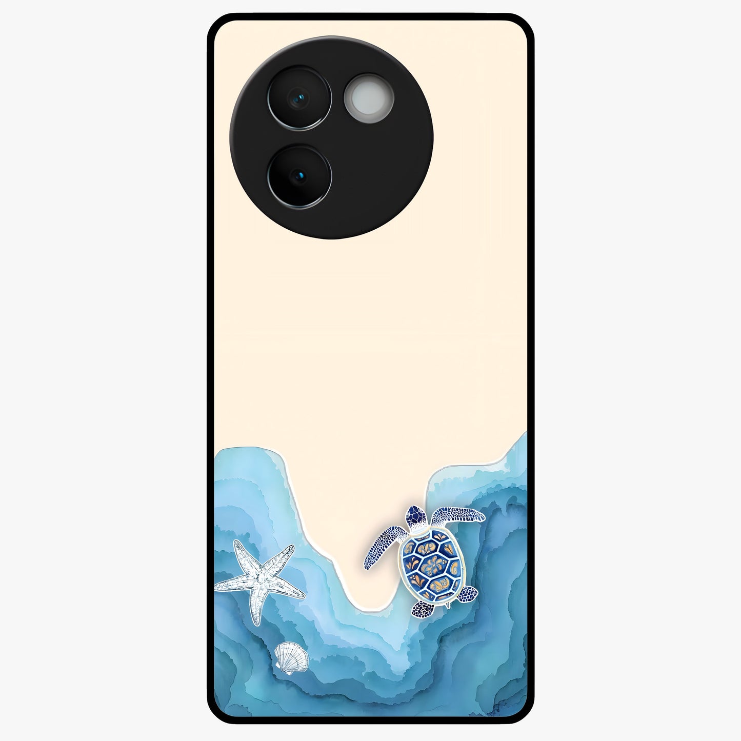 Ocean Drift Turtle Glass Case showing flat back view with sea turtle artwork and glossy glass finish.