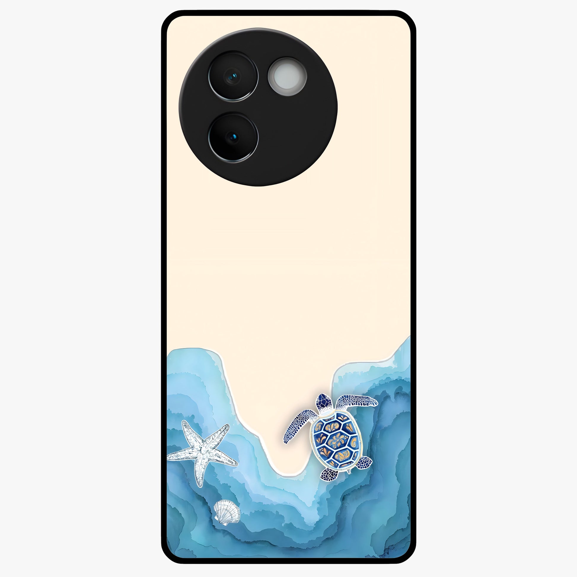Ocean Drift Turtle Glass Case showing flat back view with sea turtle artwork and glossy glass finish.