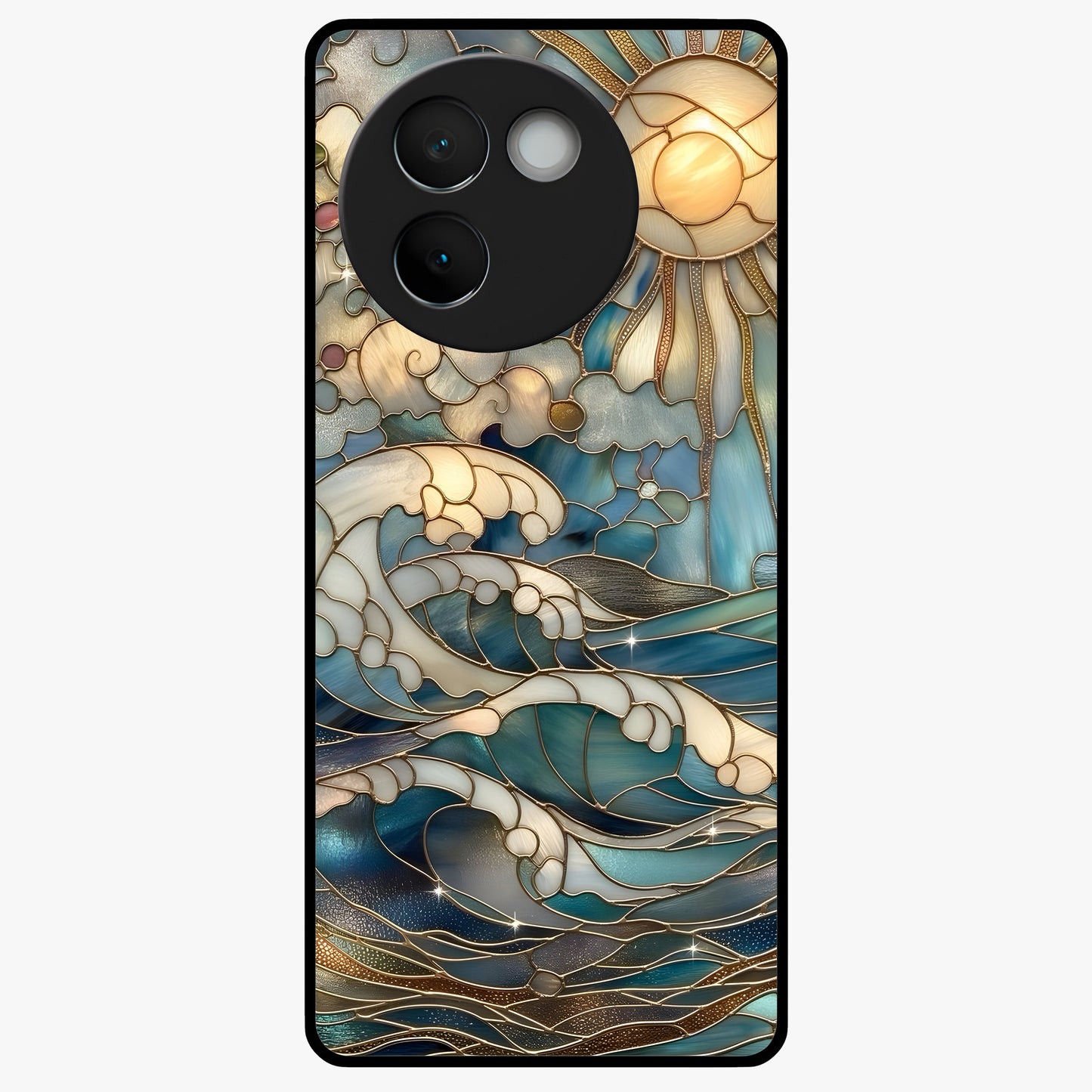 Oceanic Stained Printed Glass Case showing flat back view with ocean inspired stained pattern artwork and glossy glass finish.