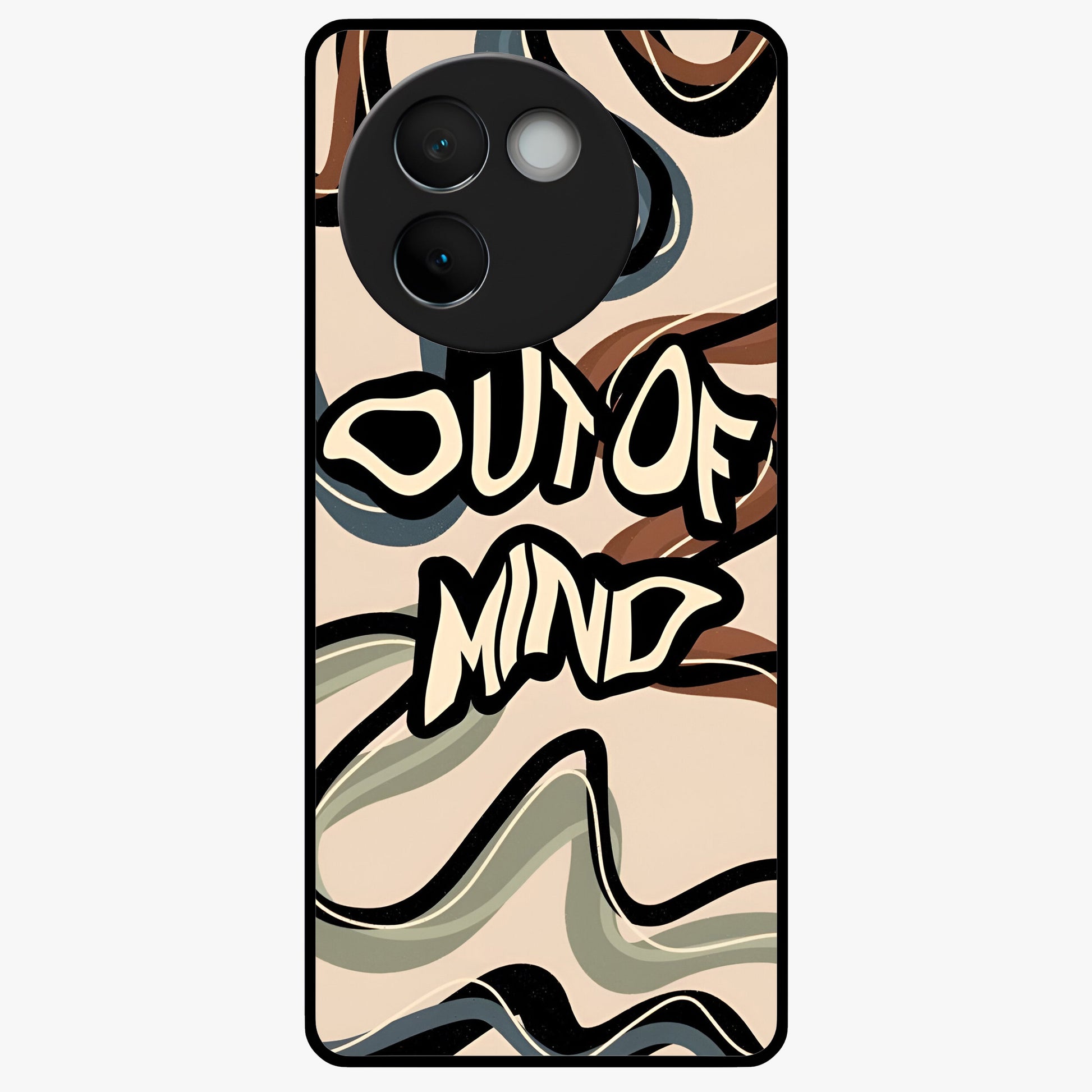 Out Of Mind Glass Case showing flat back view with expressive typography artwork and glossy glass finish.