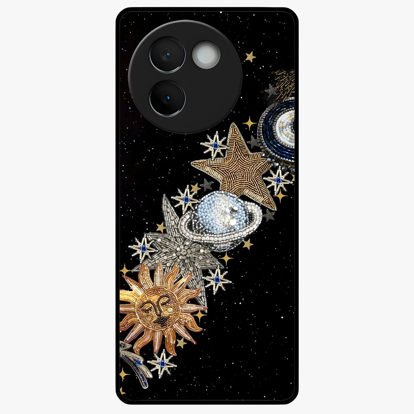 Pearls Universe Object Glass Case showing flat back view with pearl inspired cosmic artwork and glossy glass finish.