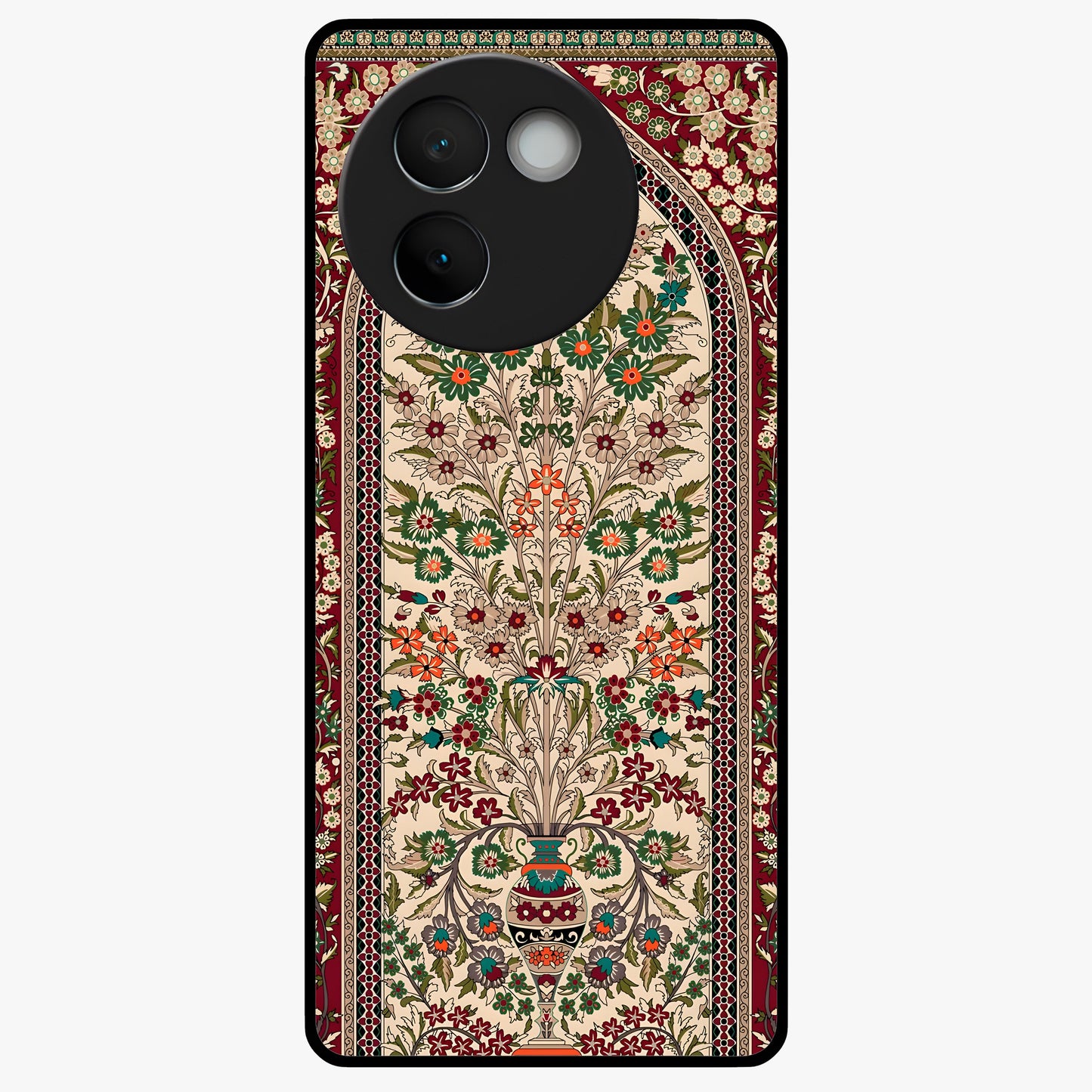 Persian Inspired Glass Case showing flat back view with ornate Persian style pattern artwork and glossy glass finish.