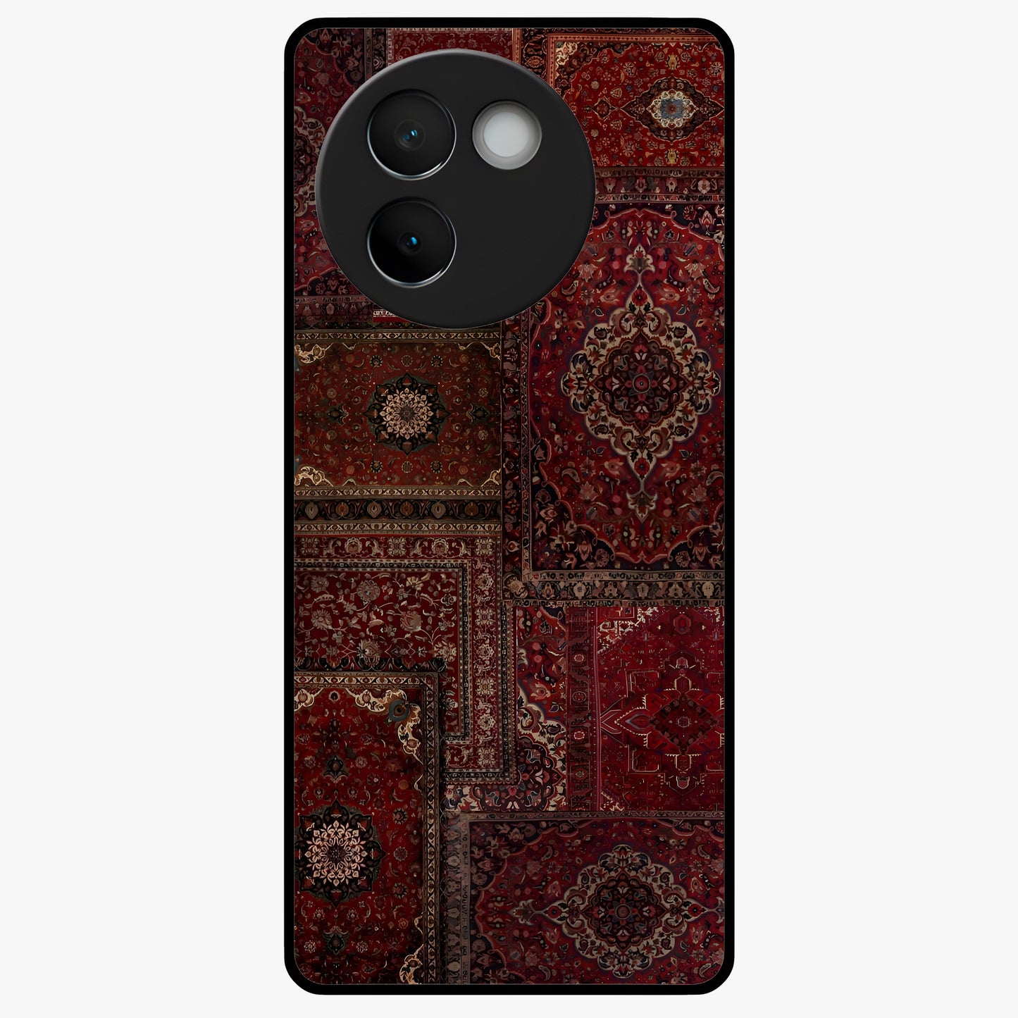 Persian Velvet Tale Glass Case showing flat back view with luxurious Persian velvet pattern artwork and glossy glass finish.