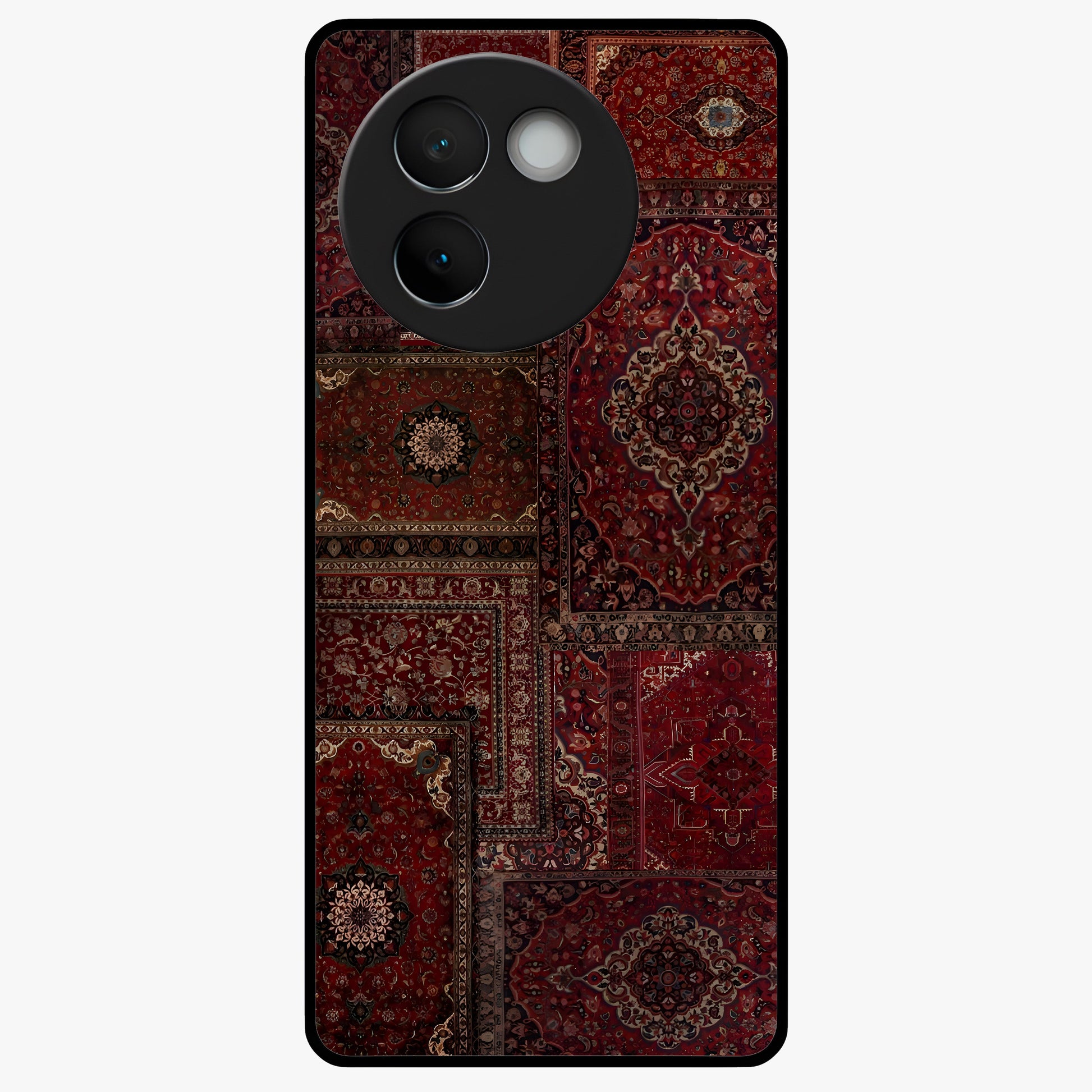 Persian Velvet Tale Glass Case showing flat back view with luxurious Persian velvet pattern artwork and glossy glass finish.